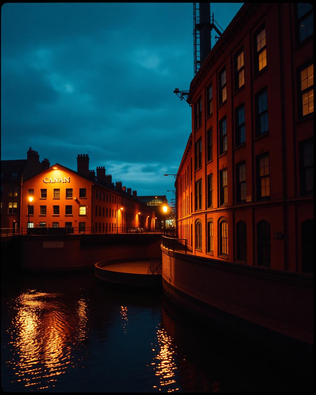 Red brick canal architecture in Manchester at dusk