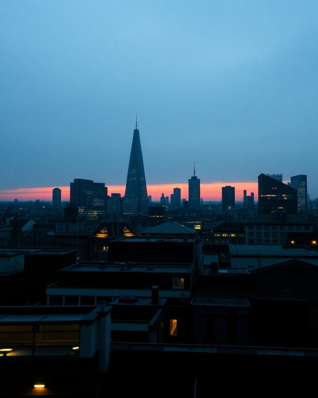 London skyline at dusk seen from a rooftop
