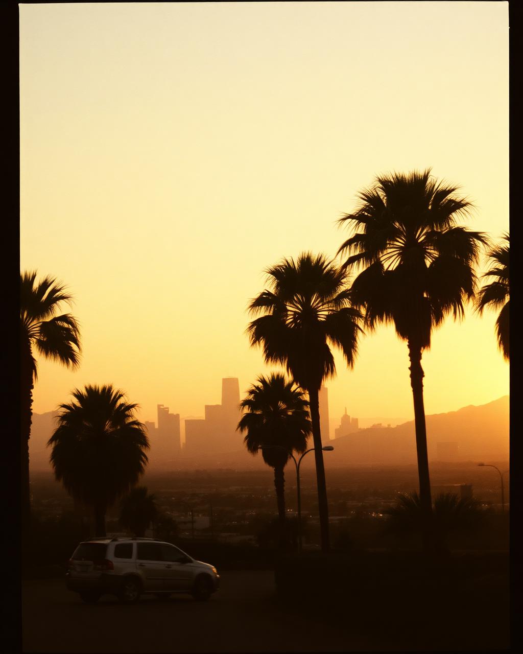 Palm trees against the hazy Los Angeles skyline at golden hour